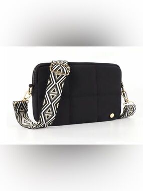 Black Quilted Crossbody Bag with Patterned Strap